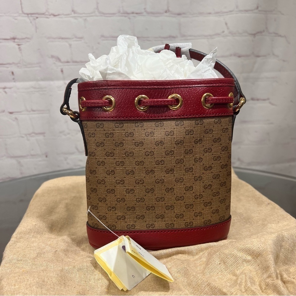 GUCCI X DORAEMON Mini Vintage GG Supreme Monogram Bucket Bag Beige Cherry NWT - Picture 12 of 16
